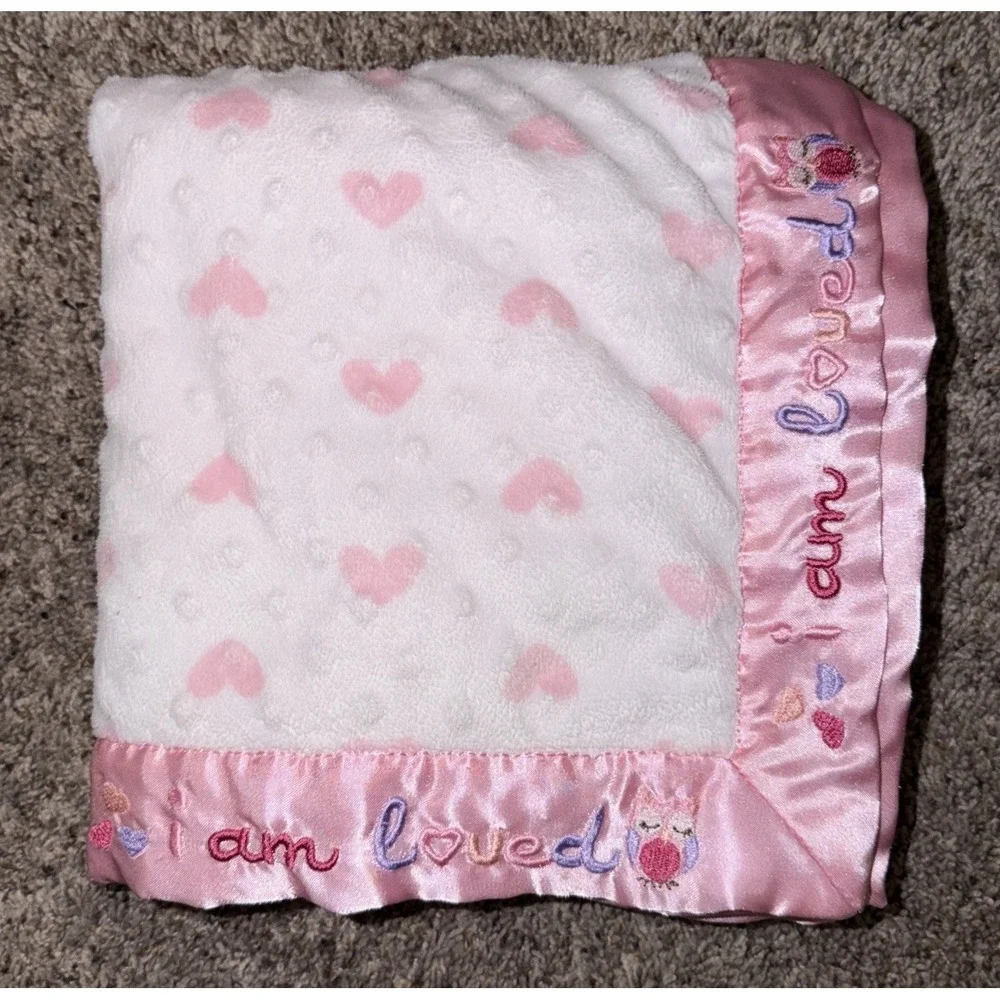 Just Born White Minky Pink Heart Satin Trim Owl  I Am Loved Baby Blanket